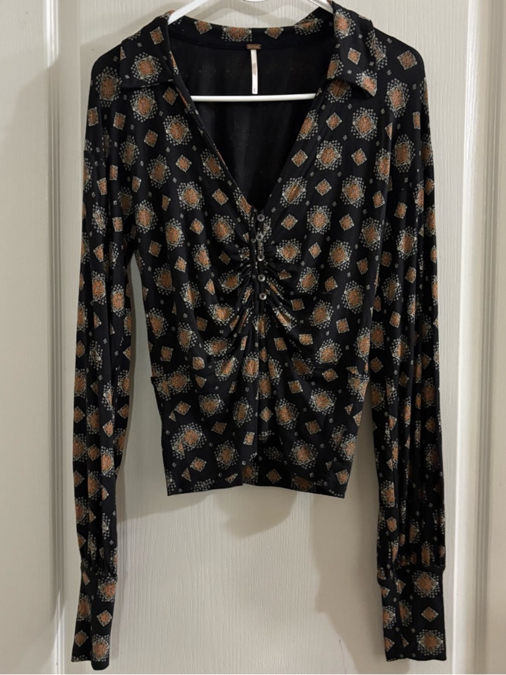 Free People Black Long-Sleeve Printed Gathered Front Top